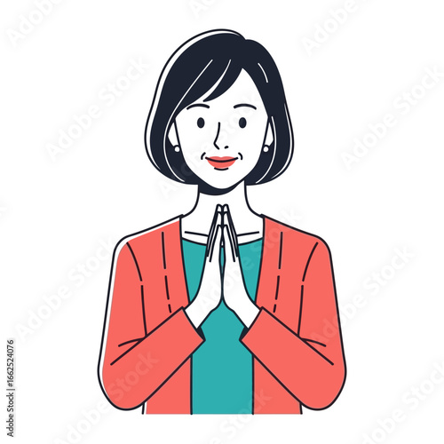 Polite salutation: A respectfully gesture that a women is in a pose of the praying hands and radiates calm, respect, and cultural understanding.