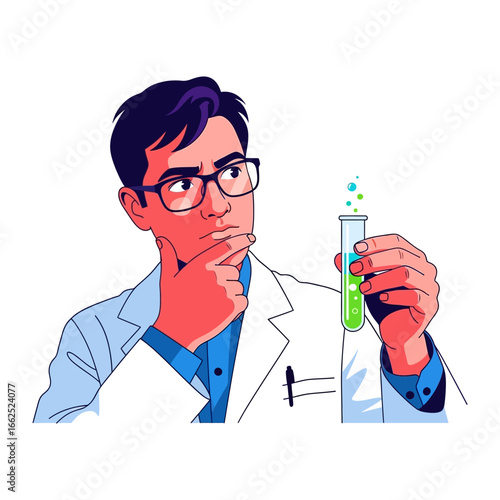 Contemplative Chemist in a Lab: A focused scientist, absorbed in thought, gazes intently at a test tube containing vibrant green liquid, encapsulating the essence of scientific curiosity.