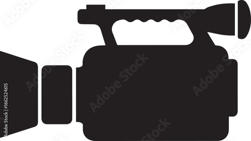 Solid black silhouette icon of a professional video camera with a top handle and lens viewed from the side