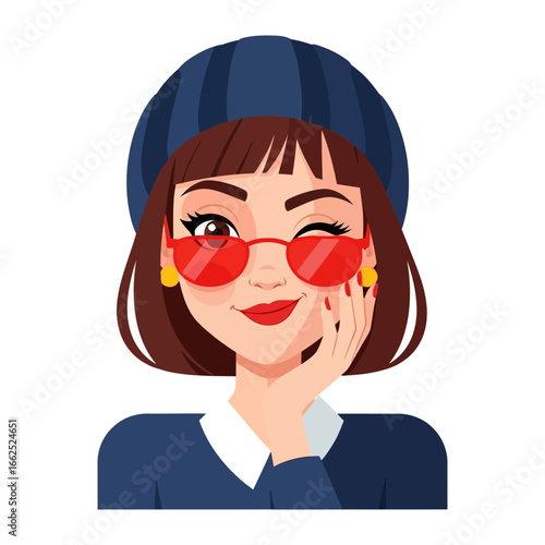Style & Wink: Portrait of a chic individual with a wink, donning stylish red-framed glasses, embodying a playful, confident vibe.