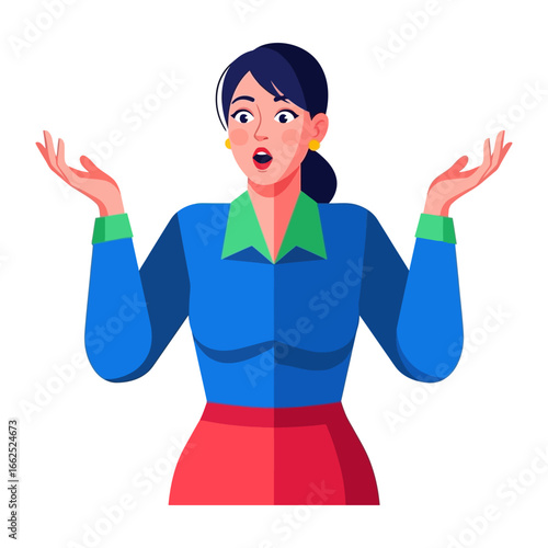 Confused Woman: A vibrant illustration of a woman expressing confusion and uncertainty, her wide eyes and raised hands conveying a sense of surprise. 