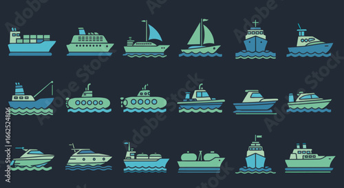 Collection of stylized ship and boat icons in a flat, two-tone blue and green vector style, featuring various watercraft like yachts, tankers, and submarines.