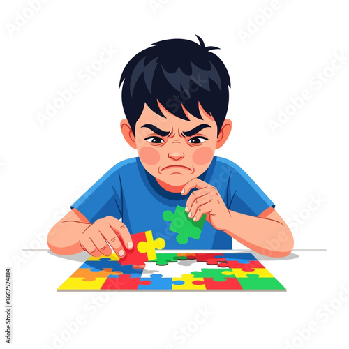 Puzzle Frustration: A focused child intently working on a colorful puzzle, his face reflecting the concentrated effort and slight exasperation of the challenge.