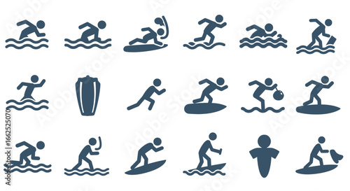 Water sports and recreation icon set with stylized blue silhouettes of people swimming and surfing.