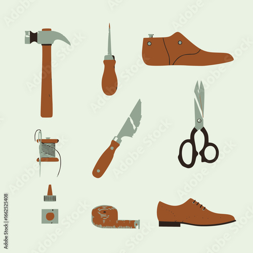 A vector illustration of various shoemaking tools and equipment.