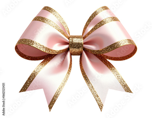 3D shiny ribbon bow with soft pink and gold tones, isolated.
