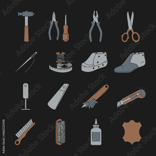 A vector illustration of shoemaking and leather crafting tools.