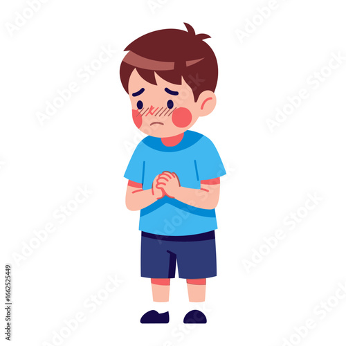 Timid Boy: A tender depiction of a young boy experiencing feelings of shyness, captured in a heartwarming and emotionally resonant art style.
