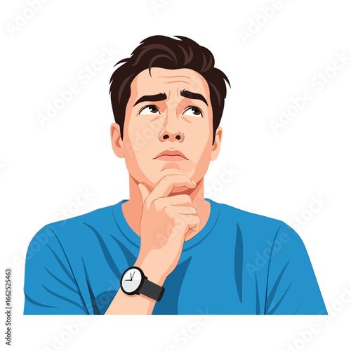 Introspective Contemplation: A thoughtful individual, lost in thought, gazes upward with a questioning expression, hand to chin, portraying the weight of introspection.