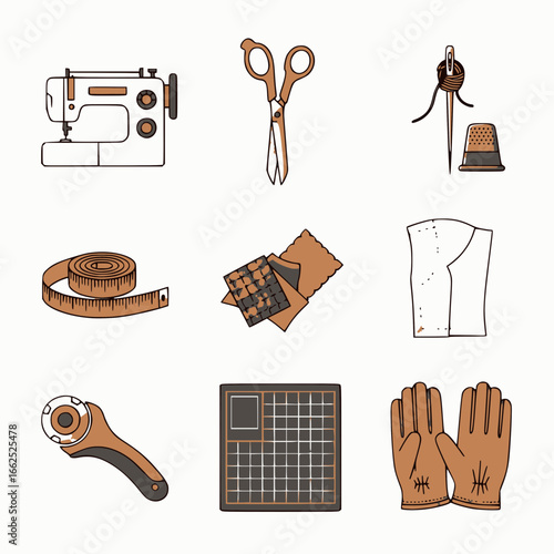 Retro-style sewing and crafting tools vector set with machine, fabric, scissors, measuring tape, and other equipment for sewing hobbyists.