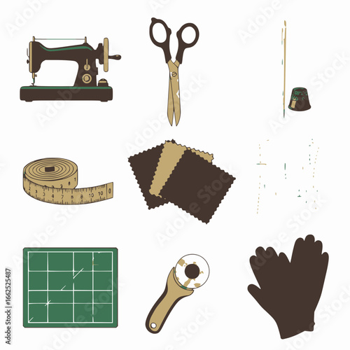 Vintage vector illustration of sewing and quilting tools, including a sewing machine, scissors, measuring tape, and fabric.