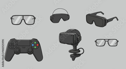 A set of black virtual reality headsets, smart glasses, and a video game controller in a cartoon style.