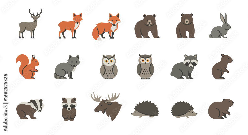 Obraz premium A diverse collection of stylized forest animals in a flat vector art style, featuring a deer, fox, bear, owl, and moose.