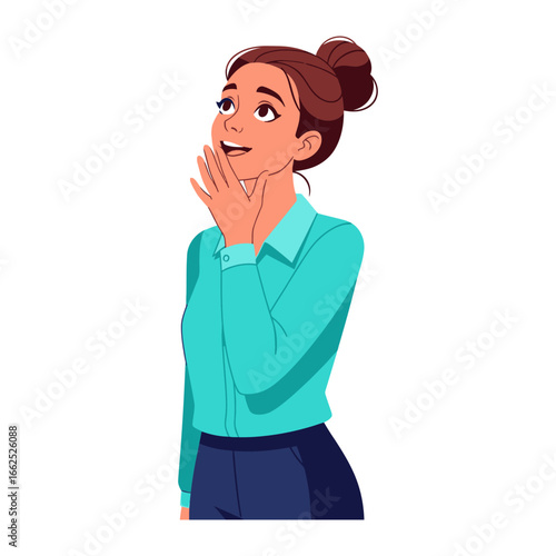 Intrigued Woman Gaze Skyward: A stylish woman, radiating curiosity and wonder, gazes skyward with an expression of amazement, captured in an illustration style, perfect for expressing curiosity.