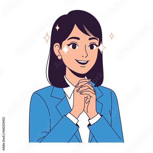 Confident Business Woman: A professionally dressed woman, emanating confidence and optimism. Her eyes sparkle with positivity, hinting at bright prospects and professional fulfillment.