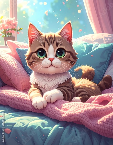 Cute tabby cat on a bed