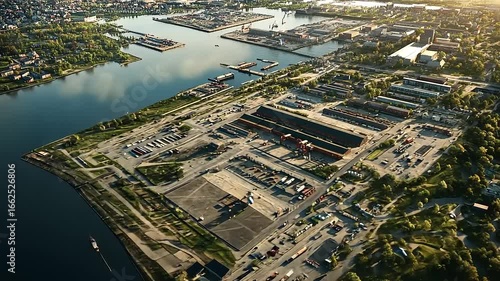 Wallpaper Mural Aerial view of a busy industrial port with warehouses and shipping containers alongside a river Torontodigital.ca