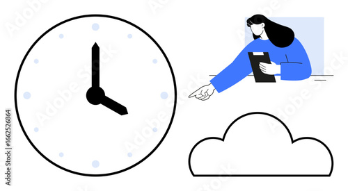 Large clock conveying time awareness, woman holding clipboard gesturing toward task completion, and cloud symbolizing technology. Ideal for productivity, scheduling, teamwork, deadlines