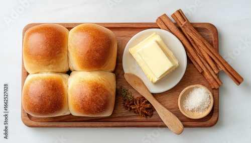 Four round, golden-brown dinner rolls on a wooden board, with butter, cinnamon sticks, and spices
