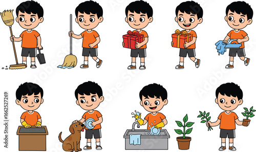 Cartoon boy doing daily chores, helping at home, house cleaning, washing dishes, feeding pet, watering plants, good habits, daily routine character vector sprite