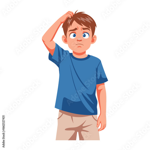 Puzzled: A young boy, lost in thought, scratches his head, his brow furrowed with confusion. The illustration evokes a sense of curiosity and the struggle to find answers.