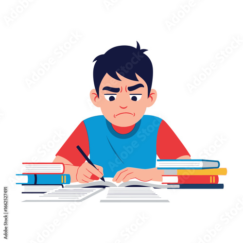 Intense Study Session: A focused illustration of a student, deeply engrossed in their studies, with a hint of frustration, creating a scene of relatable academic dedication.