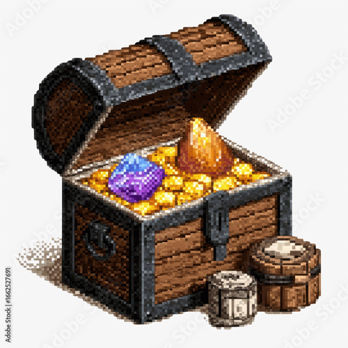 Pixel Art Treasure Chest with Gold, Gems, and