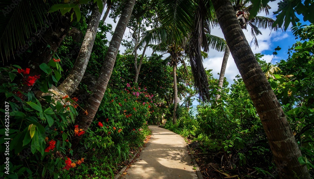 Obraz premium Lush tropical pathway through a dense jungle (1)