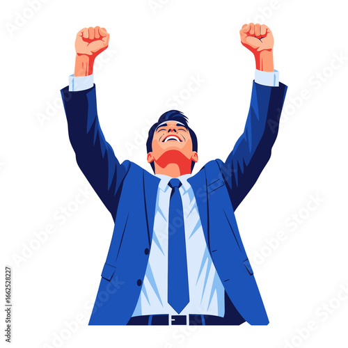 Victory Achieved: A triumphant man in a smart blue suit raises his arms in celebration, a symbolic representation of success and accomplishment.