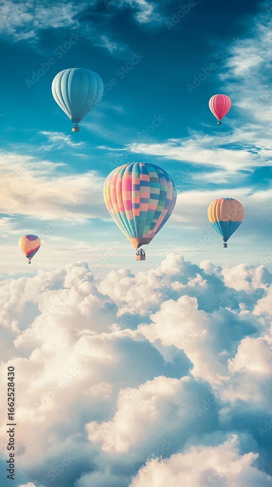 Obraz premium Aerial view of colorful hot air balloons flying above white fluffy clouds