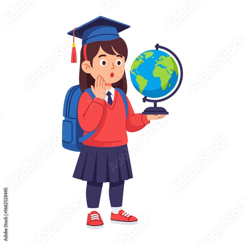 Curious Scholar and Globe: A young graduate, filled with wonder and enthusiasm, gazes at a globe. This illustration portrays the pursuit of knowledge and the excitement of exploration.