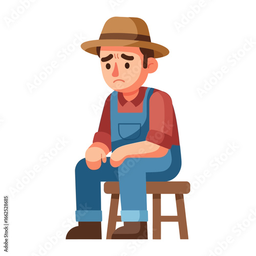 Weary Farmer: A farmer, burdened by worries, sits alone on a wooden stool, embodying the weight of labor and solitude. He is thoughtfully looking.