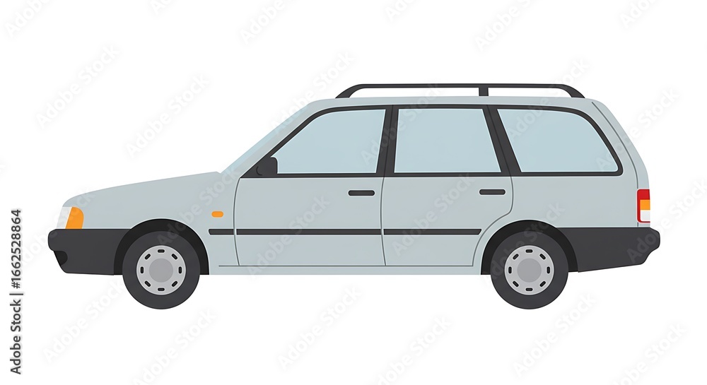 Side profile view of a generic light grey station wagon with black window trim and roof racks, isolated on white Side profile view of a generic light grey station wagon with black window trim and roof racks, isolated on white