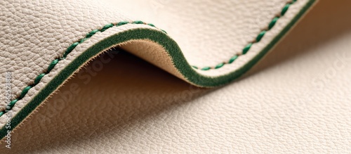 Beige leather material with green stitching detail, close-up shot, textured surface