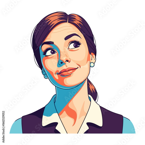 Thoughtful woman: A close-up illustration of a poised woman with gentle features, her gaze fixed upwards as though lost in thoughtful reverie or contemplation.