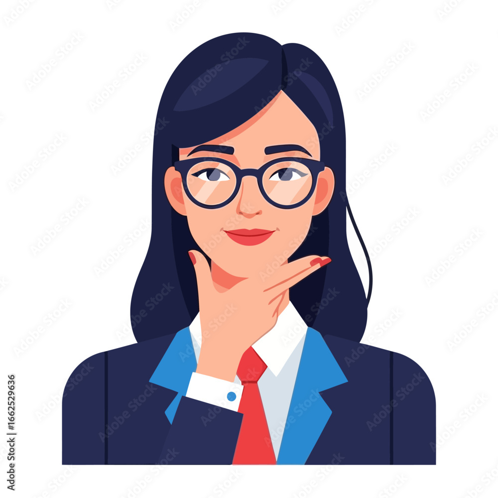 Thoughtful Professional: An elegant female executive, sporting glasses and a red tie, contemplates a solution with a confident demeanor, poised to conquer challenges. Thoughtful Professional: An elegant female executive, sporting glasses and a red tie, contemplates a solution with a confident demeanor, poised to conquer challenges.