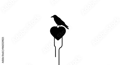 A silhouette of a crow perched on a heart shaped garden stake on a white background