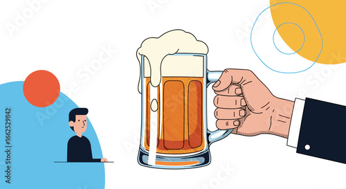 A refreshing pint of cold beer is offered to a young man sitting at a table in a casual setting