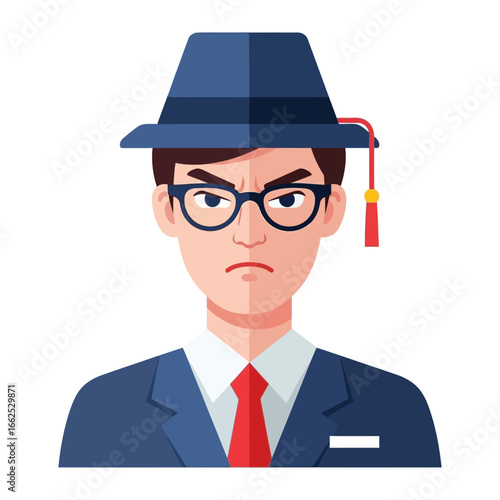 Illustration of Academic Discontent: A stern-faced academic in a hat, glasses, and suit radiates a palpable sense of dissatisfaction.