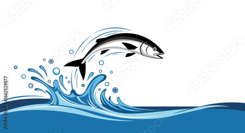 An elegant salmon leaps joyfully from the sparkling blue water showing its powerful movement and graceful form