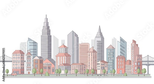 Cityscape Skyline Illustration with Skyscrapers and Buildings on a White Background