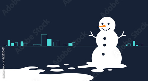 Melting snowman stands in cityscape during winter season representing climate change effects