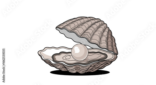 A beautifully rendered illustration of a single lustrous pearl resting inside an open oyster shell