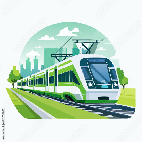 Modern Green Train In Urban Landscape