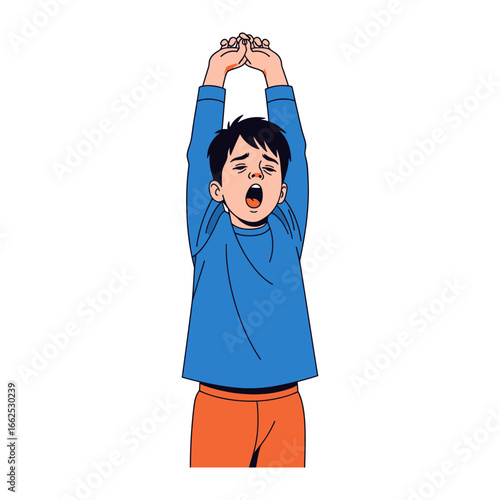 Yawning Boy in Vivid Detail: A charming illustration capturing a young boy in a moment of sleepy stretch, his expression and body language convey the feeling of pure exhaustion.