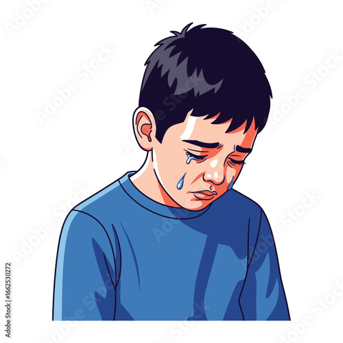 Solemn Tears: An illustration captures the raw emotion of a young boy overcome with sadness, conveying a moment of vulnerability and emotional turmoil.
