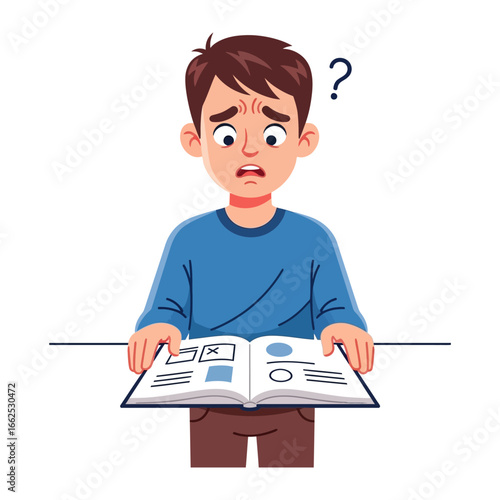 Confused Boy with Book: An animated boy with a look of bewilderment studies a book filled with diagrams, a question mark floating above his head, reflecting his confusion about a learning experience.