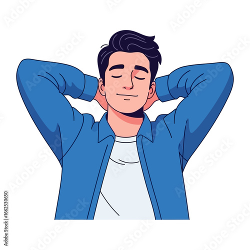 Serene Solitude: A relaxed male with closed eyes leans back, his hands cradling the back of his head, exuding tranquility and peacefulness.