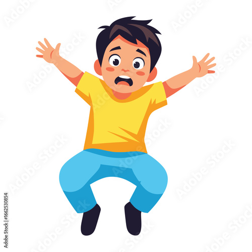 Child in Fear: A young child, eyes wide with fear, jumps with arms outstretched, embodying the universal experience of fright.