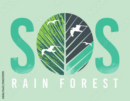 Illustration of composition with lettering and natural elements. Art in reference to preservation of Amazon flora.